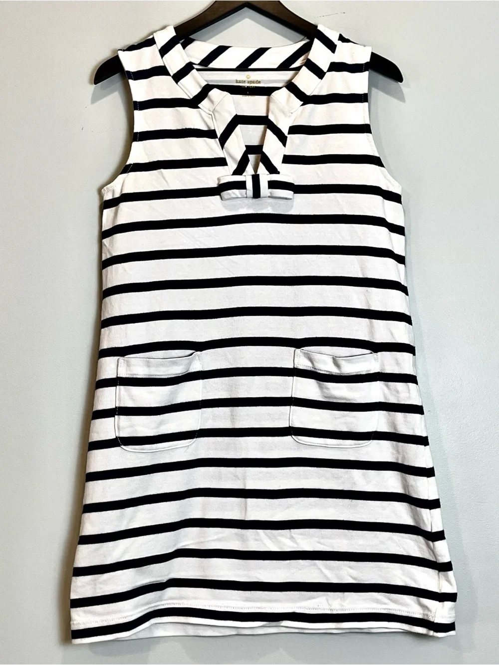 KATE SPADE Navy Blue White Striped Sleeveless Dress Bow Pockets Size Large